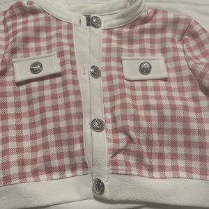 light pink and white plaid type, button up crop top